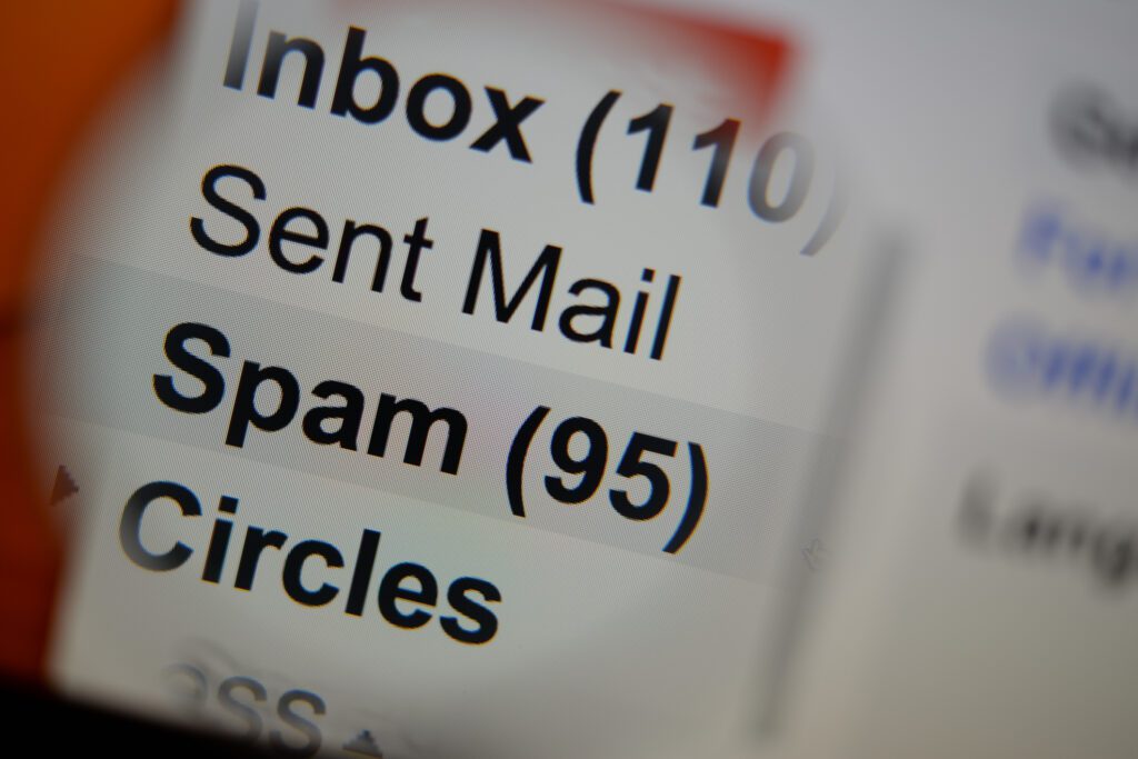 An email inbox showing unopened and spam messages