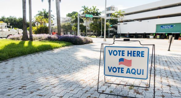 Polling Station Sign in Miami Beach in English and Spanish