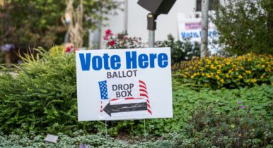 A "Vote Here" sign outside a Pennsylvania polling place on Election Day 2020