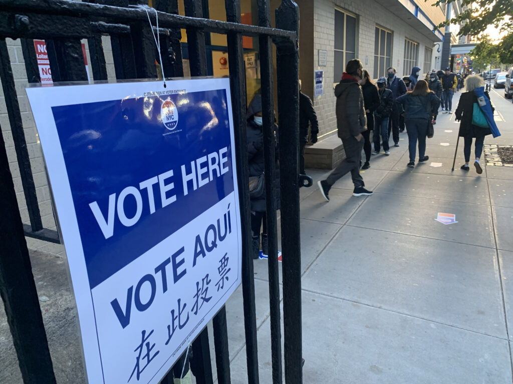Voters in line to cast ballots early in morning of Election Day.
