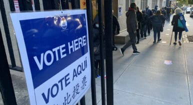 Voters in line to cast ballots early in morning of Election Day.