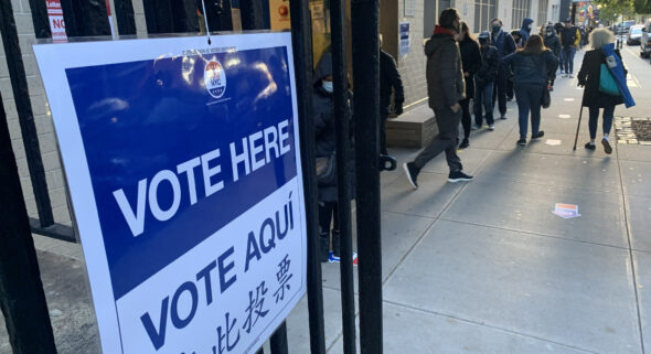 Voters in line to cast ballots early in morning of Election Day.