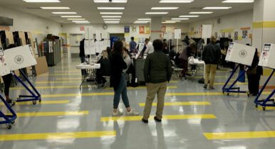 Voters at voting machines inside a polling site on Election Day